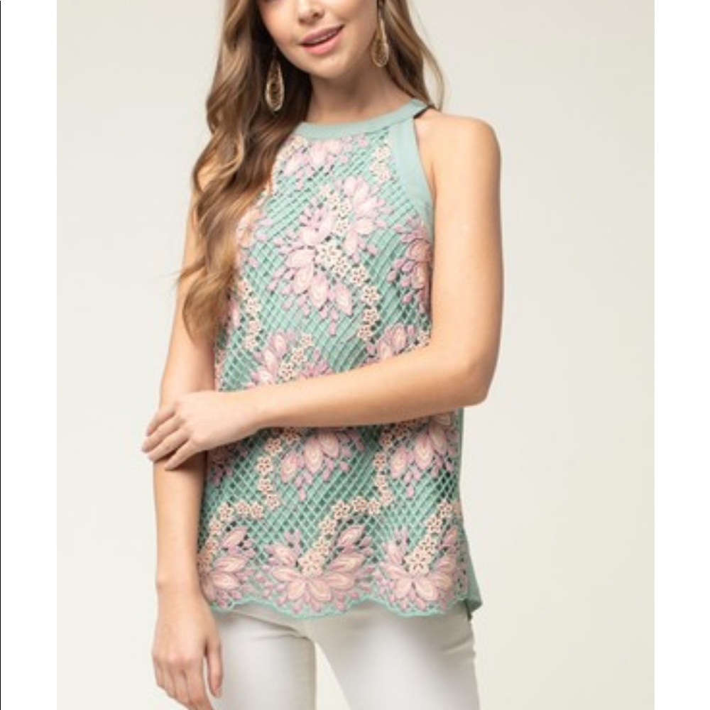 entro sage/peach/mauve embroidered lace halter top